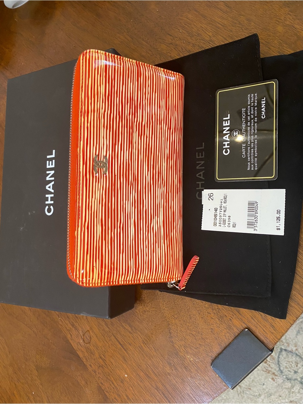 CHANEL Orange Striped Patent Leather Zip Wallet